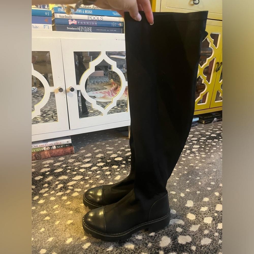 Zara Black Stretch Neoprene Over The Knee Lug Sole Boots Combat 38 7 7.5